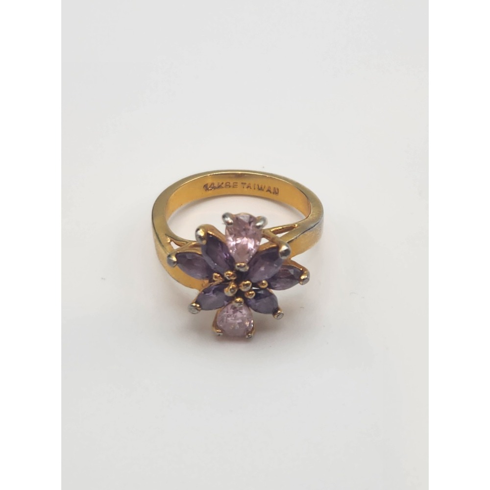 Vintage‎ 14KGE Taiwan Gold Electroplated Purple Pink Flower Cluster Ring Size 8